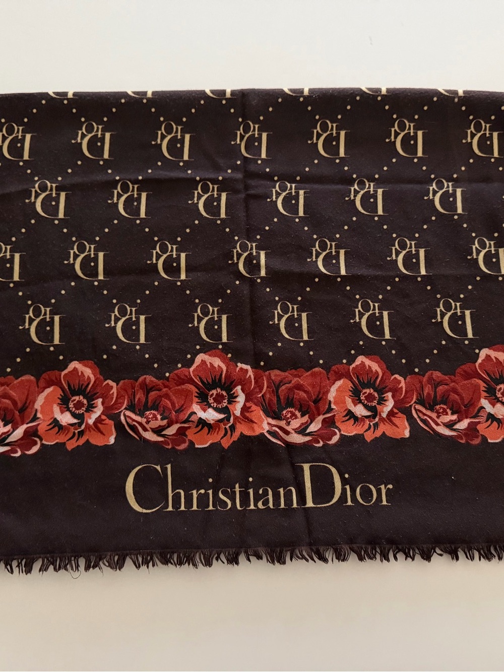 Brown Scarf with Red Floral Border and Gold Logo